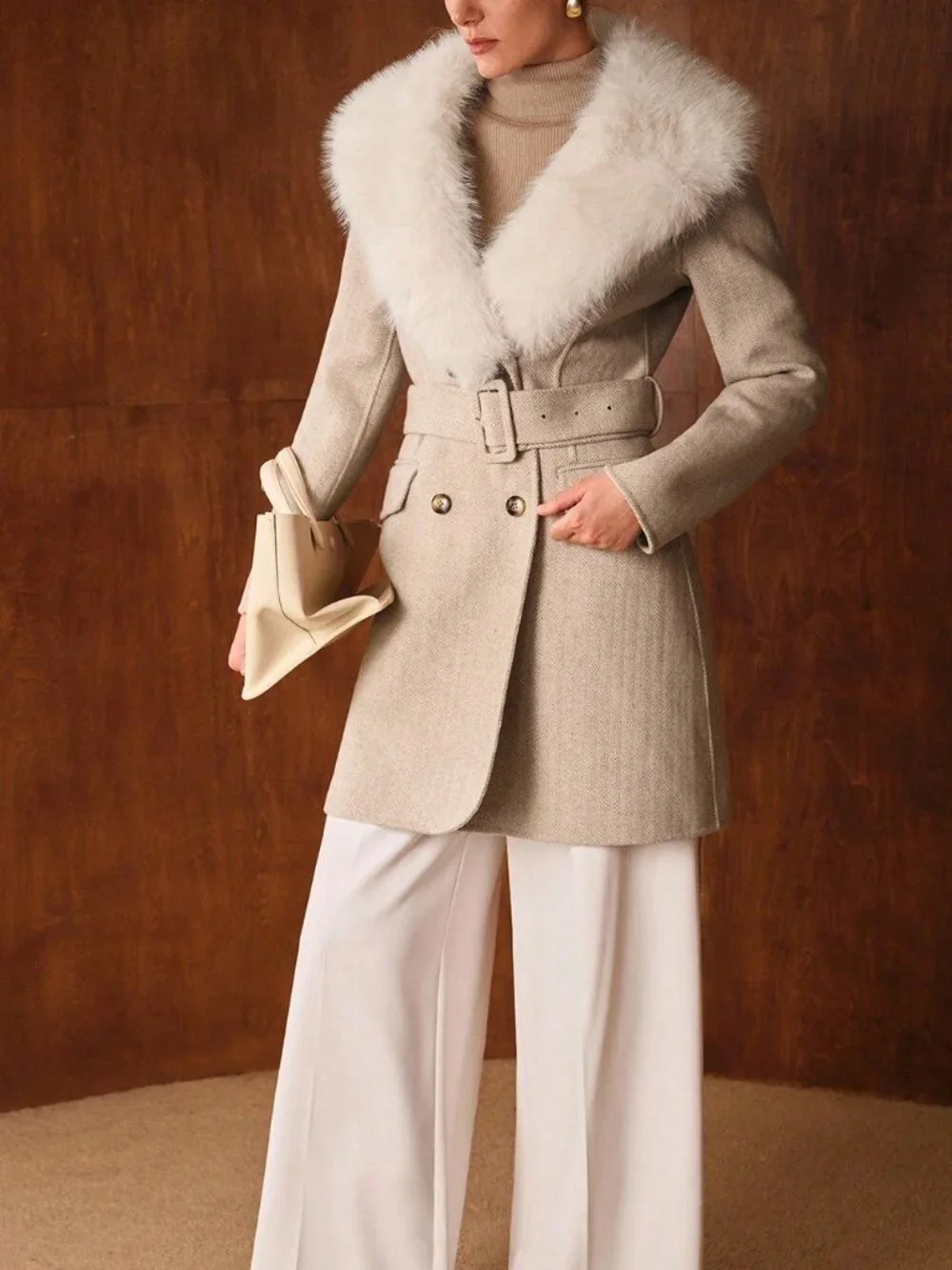 Mocha Brown Elegant Women's Herringbone Pattern Collar Single-Breasted Coat